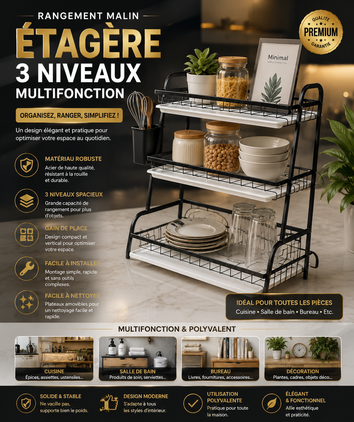 Étagère de rangement multifonction à 3 niveaux pour cuisine, salle de bain et bureau