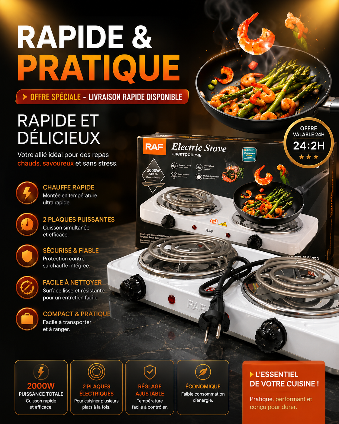 Plaque de cuisson électrique RAF 2000 W à 2 foyers, réglage de température ajustable