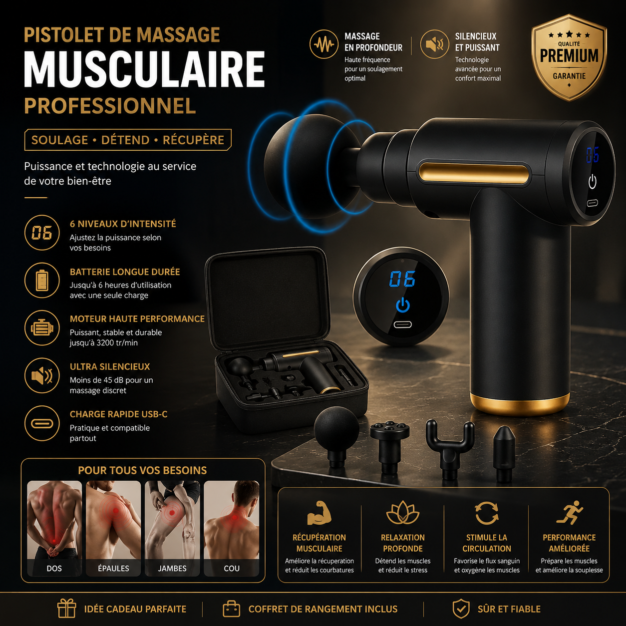 Pistolet de massage musculaire professionnel, rechargeable, avec 6 niveaux d'intensité et embouts interchangeables