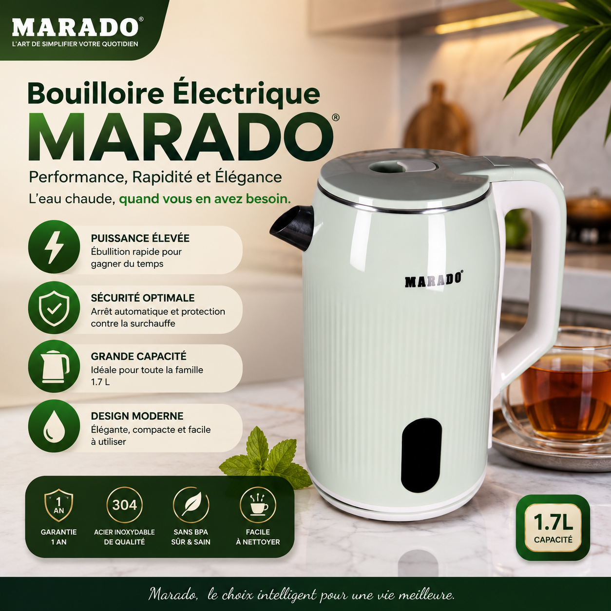 Bouilloire électrique MARADO 1,7 L – Ébullition rapide, design moderne et arrêt automatique