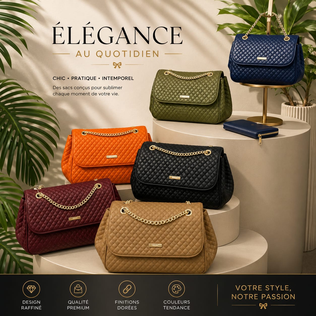 Sac à main femme matelassé avec chaîne dorée