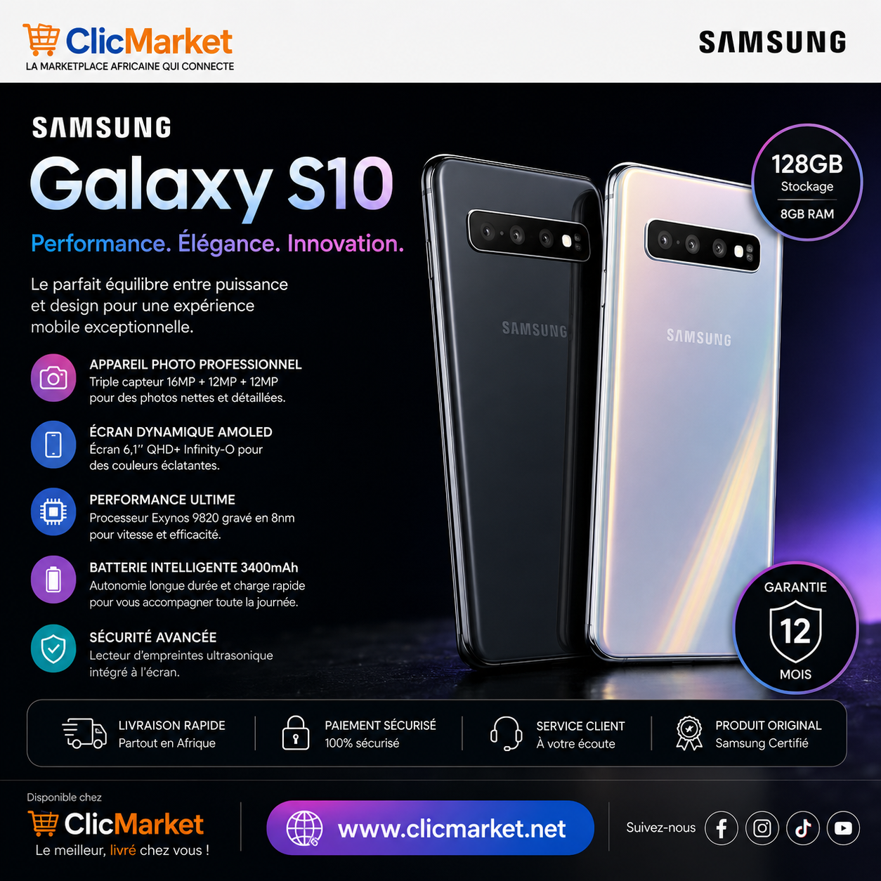 Samsung GalaxSamsung Galaxy S10 128 Go, 8 Go RAM, Performance & Élégance