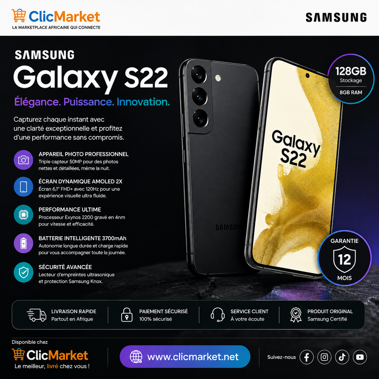 Samsung Galaxy S22 5G 128 Go, Performance & Élégance
