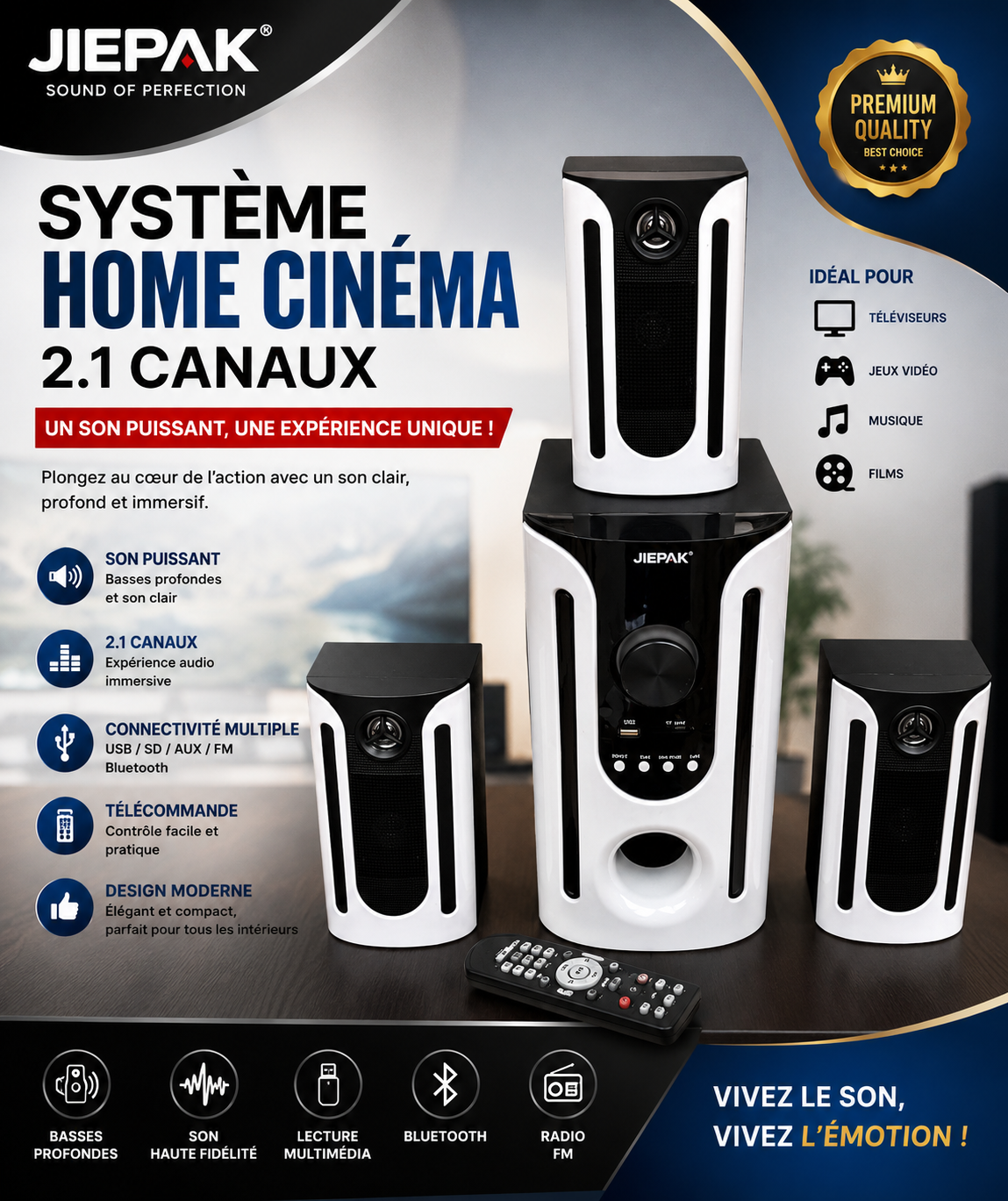 Système Home Cinéma JIEPAK 2.1, un son puissant et immersif à la maison
