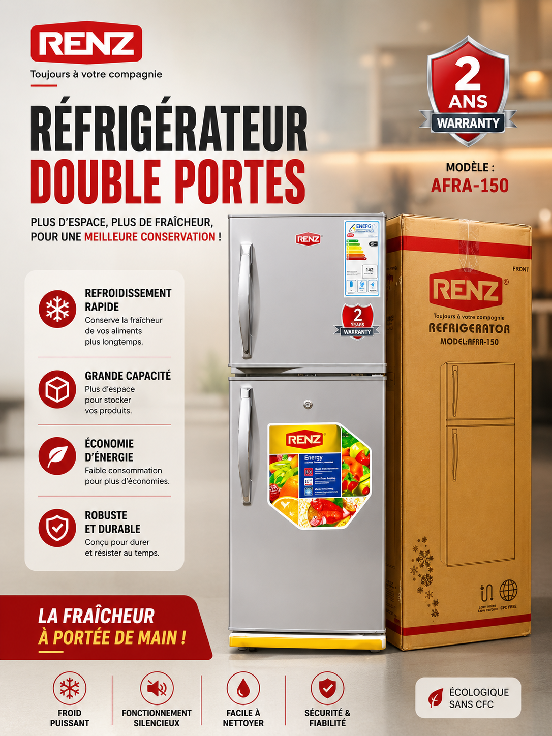 RENZ AFRA-150, Réfrigérateur Double Portes Grande Capacité
