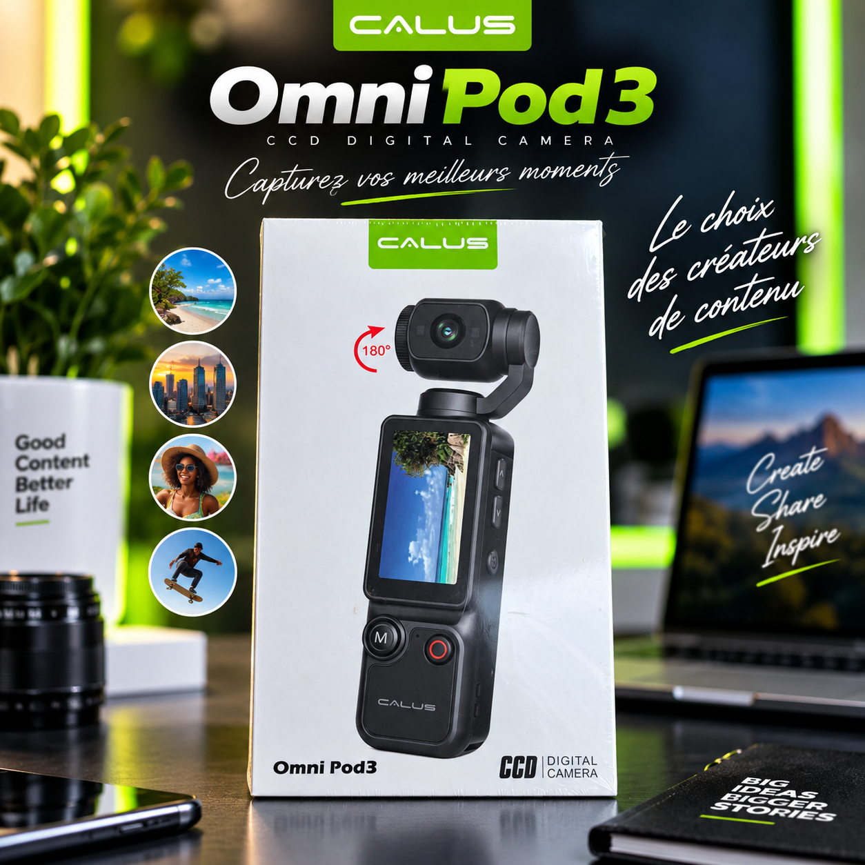 Caméra numérique CALUS OmniPod3 180° pour créateurs de contenu