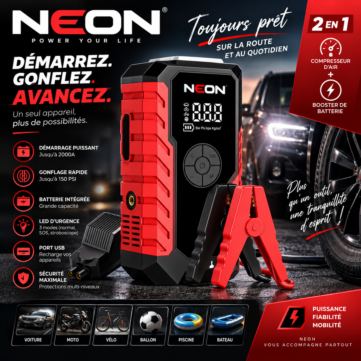 Booster de batterie 2-en-1 NEON, démarrez et gonflez en toute confiance