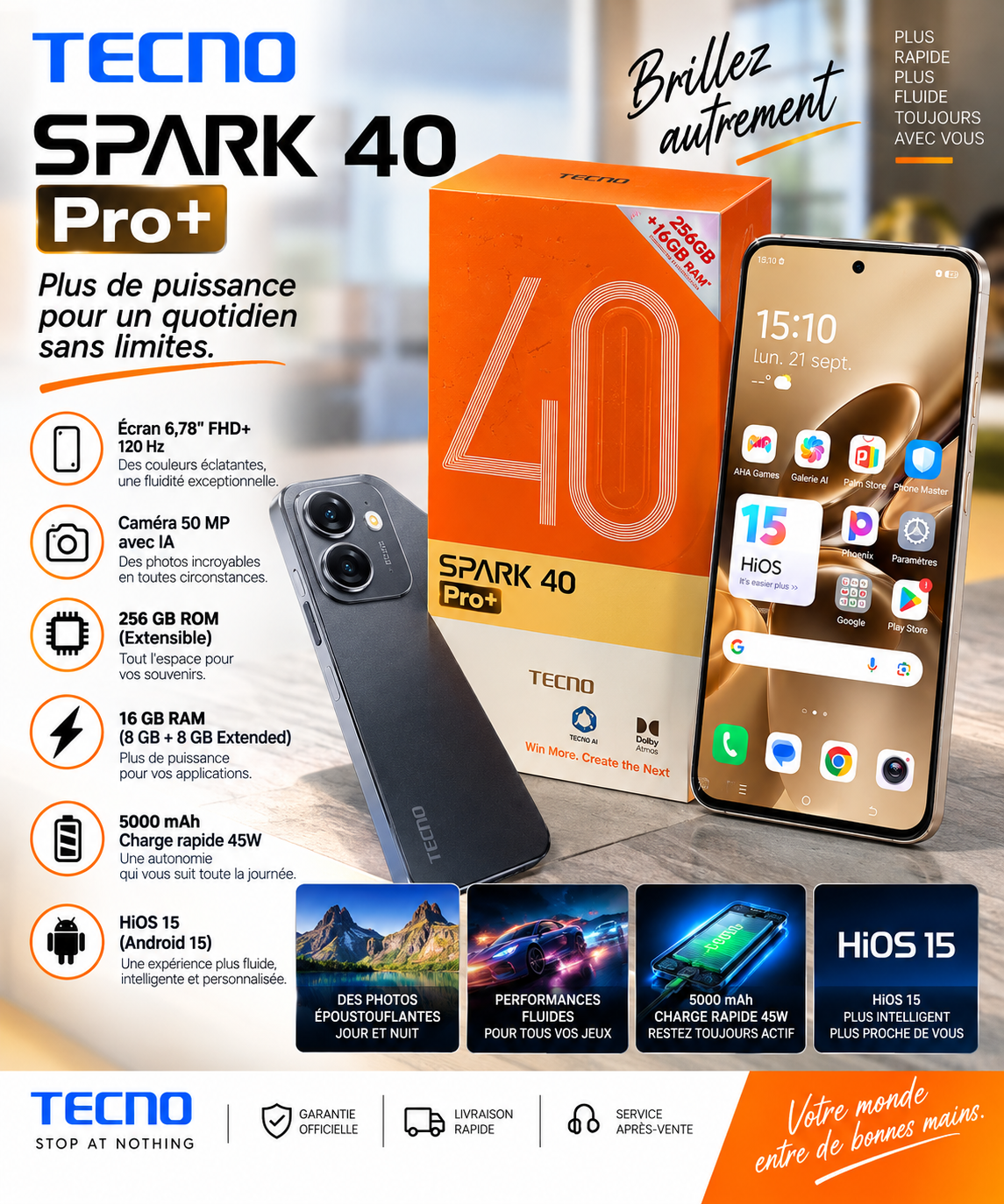 TECNO Spark 40 Pro+ 256 Go, puissance et fluidité pour un quotidien sans limites