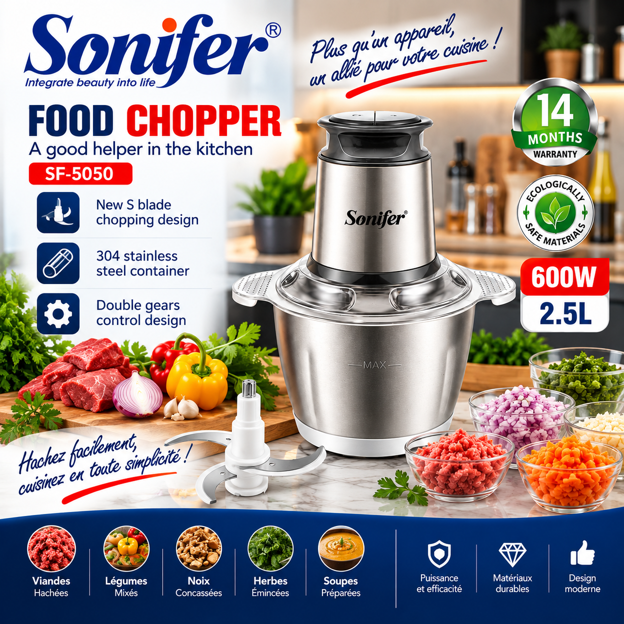 Sonifer Food Chopper 600W : hachez, mixez et cuisinez en toute simplicité !
