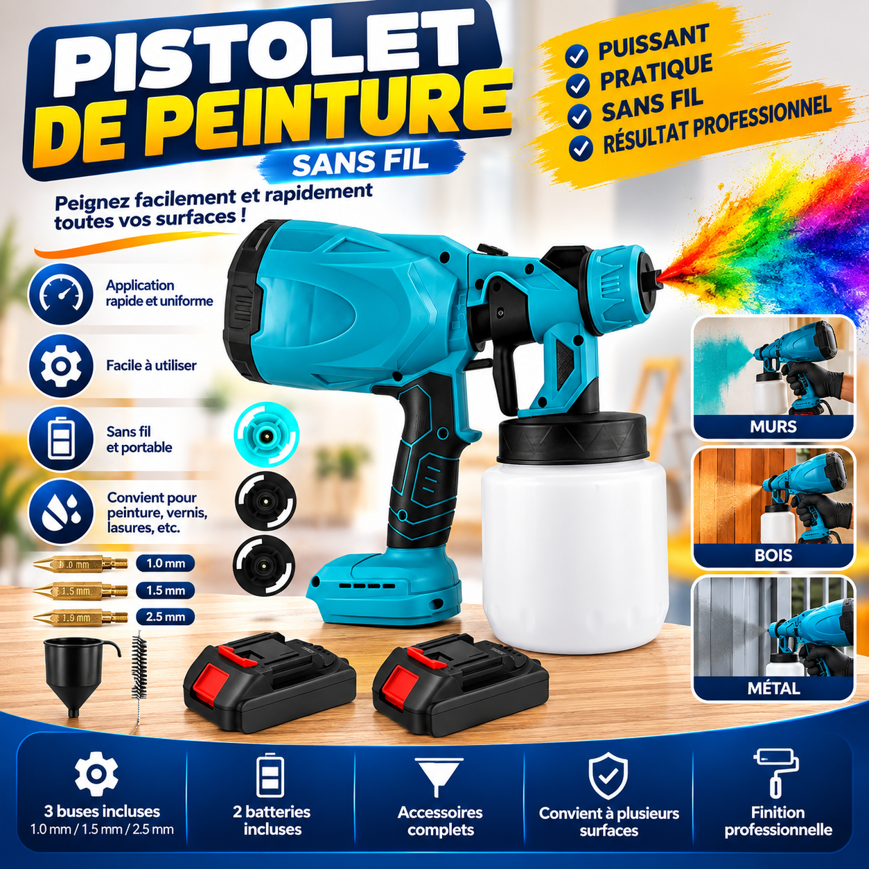 Pistolet à peinture sans fil professionnel avec 2 batteries et accessoires
