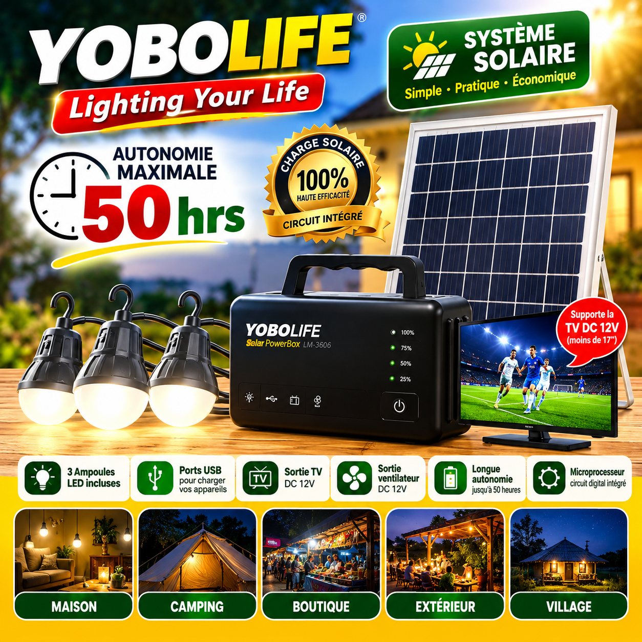 YOBOLIFE LM-3606, kit solaire portable avec 3 ampoules LED et jusqu’à 50 heures d’autonomie pour un éclairage fiable partout.