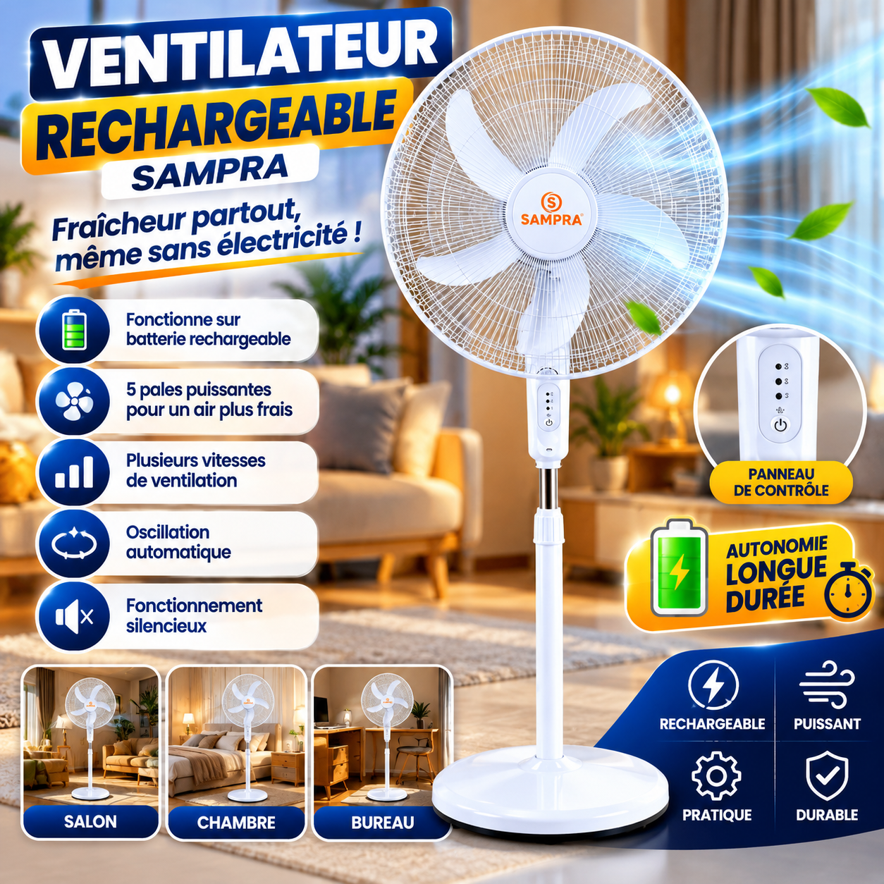 Ventilateur rechargeable SAMPRA, une fraîcheur durable et silencieuse, même en cas de coupure de courant.