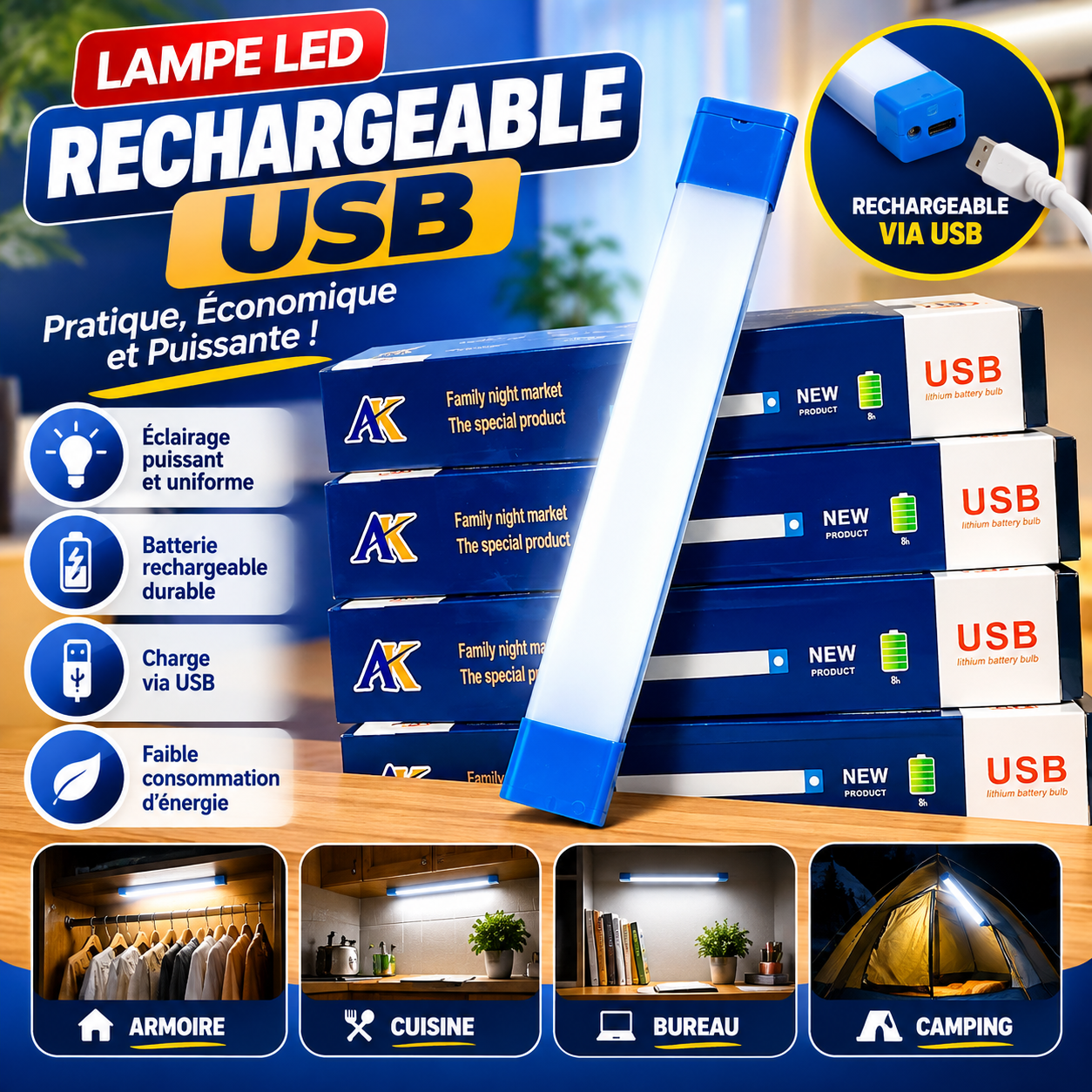 Lampe LED rechargeable USB, un éclairage puissant, économique et portable partout où vous en avez besoin.